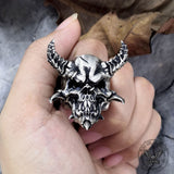 Horned Demon Skull Sterling Silver Ring