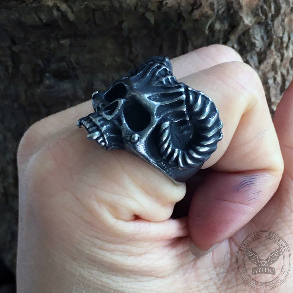Horned Devil Stainless Steel Skull Ring | Gthic.com