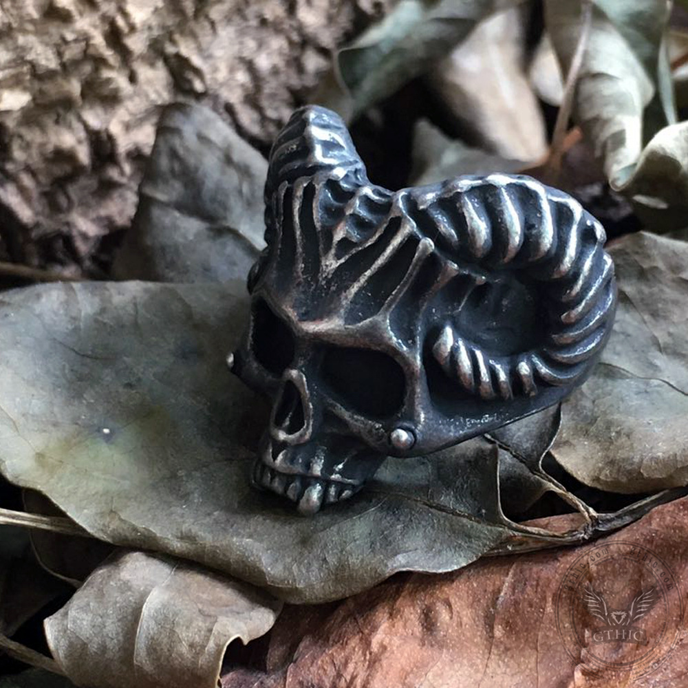 Horned Devil Stainless Steel Skull Ring | Gthic.com