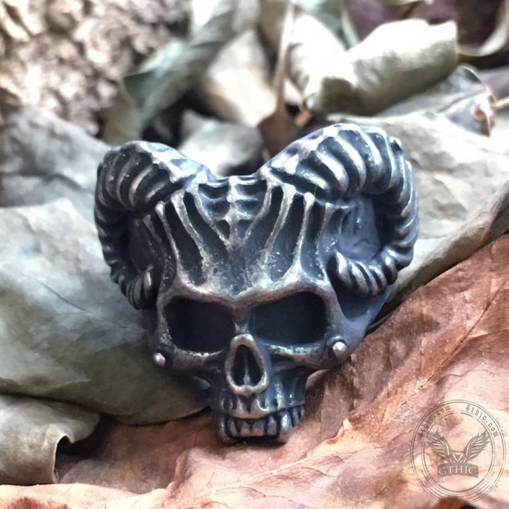 Horned Devil Stainless Steel Skull Ring | Gthic.com