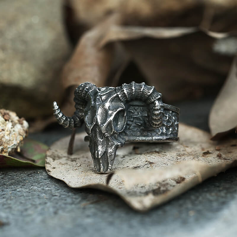 Horned Goat Stainless Steel Satan Ring | Gthic.com