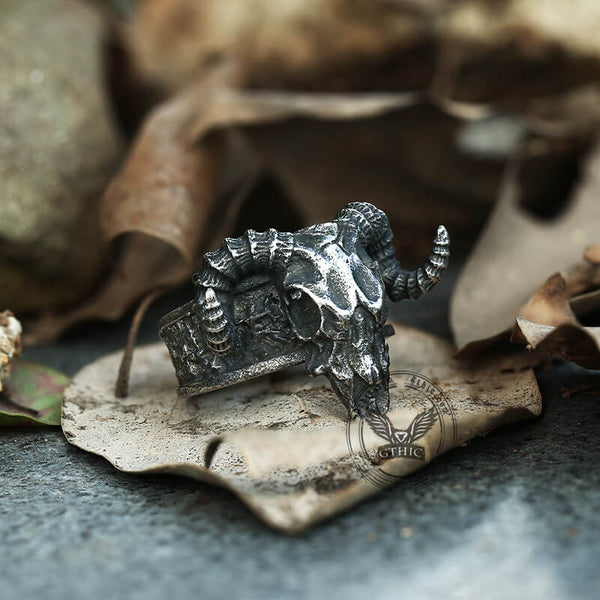 Horned Goat Stainless Steel Satan Ring | Gthic.com