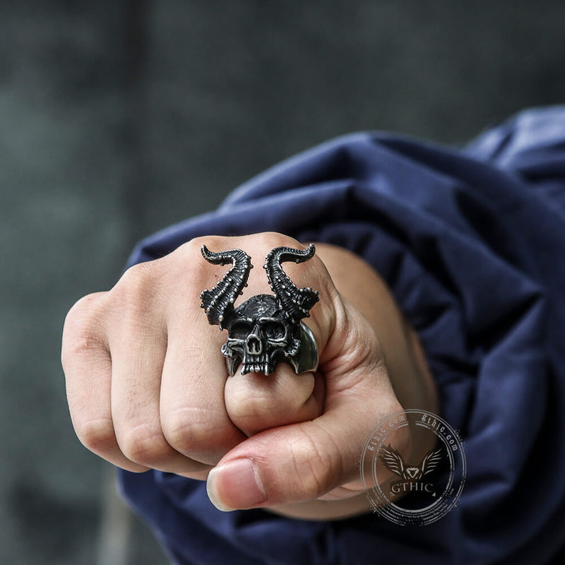 Horned Satan Devil Skull Stainless Steel Ring02 | Gthic.com