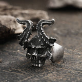 Horned Satan Devil Skull Stainless Steel Ring03 | Gthic.com