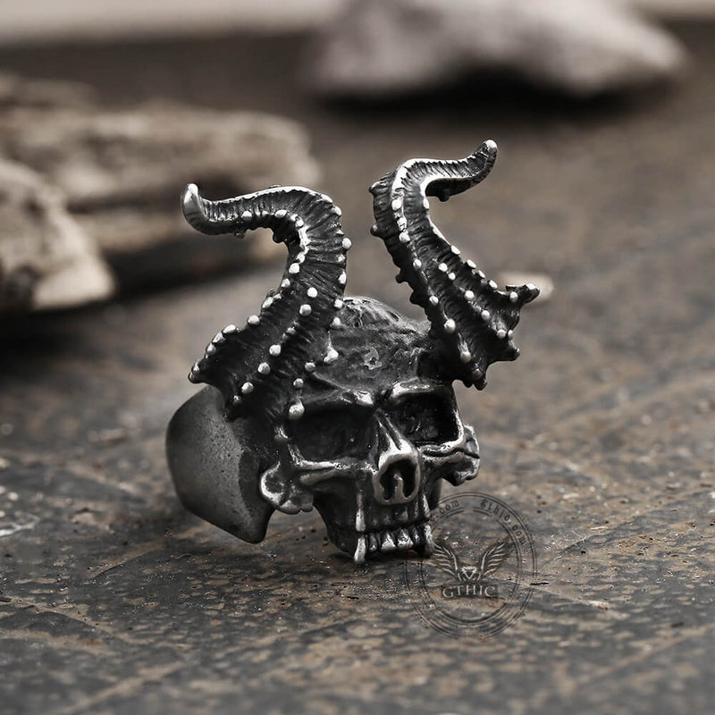 Horned Satan Devil Skull Stainless Steel Ring04 | Gthic.com