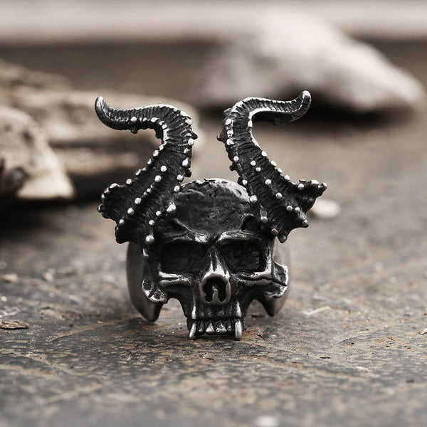 Horned Satan Devil Skull Stainless Steel Ring01 | Gthic.com