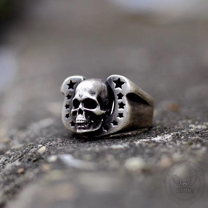 Horseshoe Pentagram Sterling Silver Skull Ring