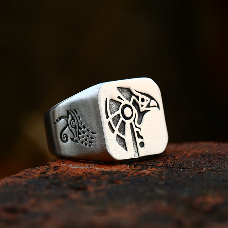 Horus And Anubis Stainless Steel Egyptian Ring | Gthic.com