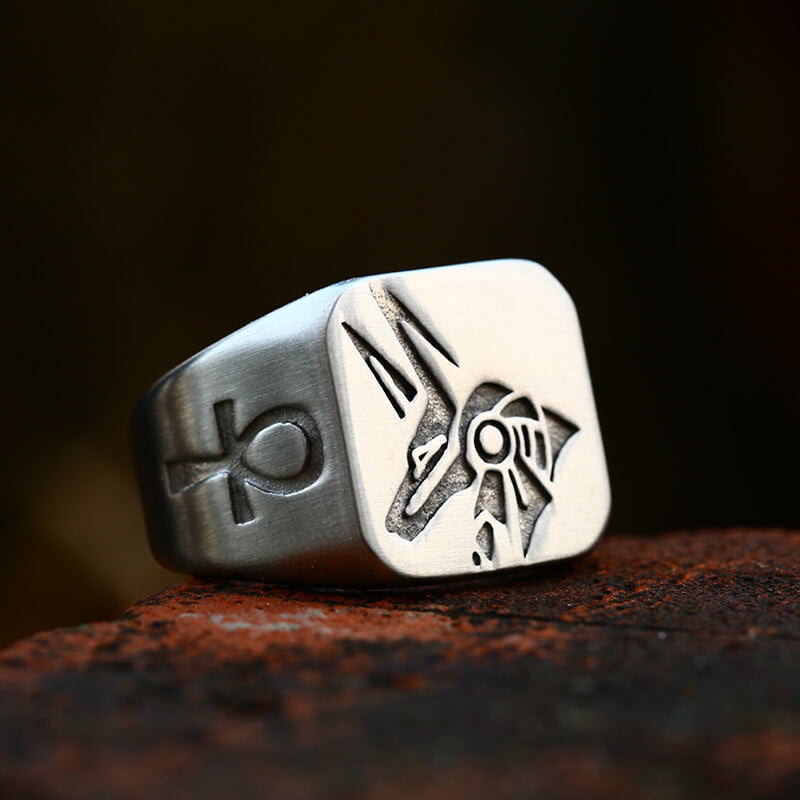 Horus And Anubis Stainless Steel Egyptian Ring | Gthic.com