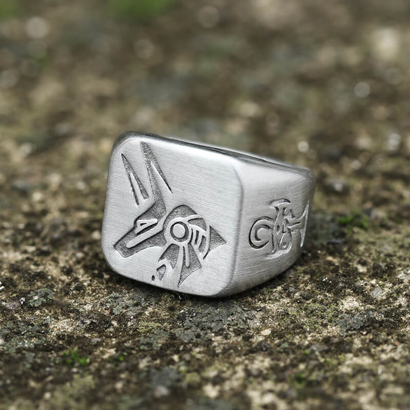Horus And Anubis Stainless Steel Egyptian Ring | Gthic.com