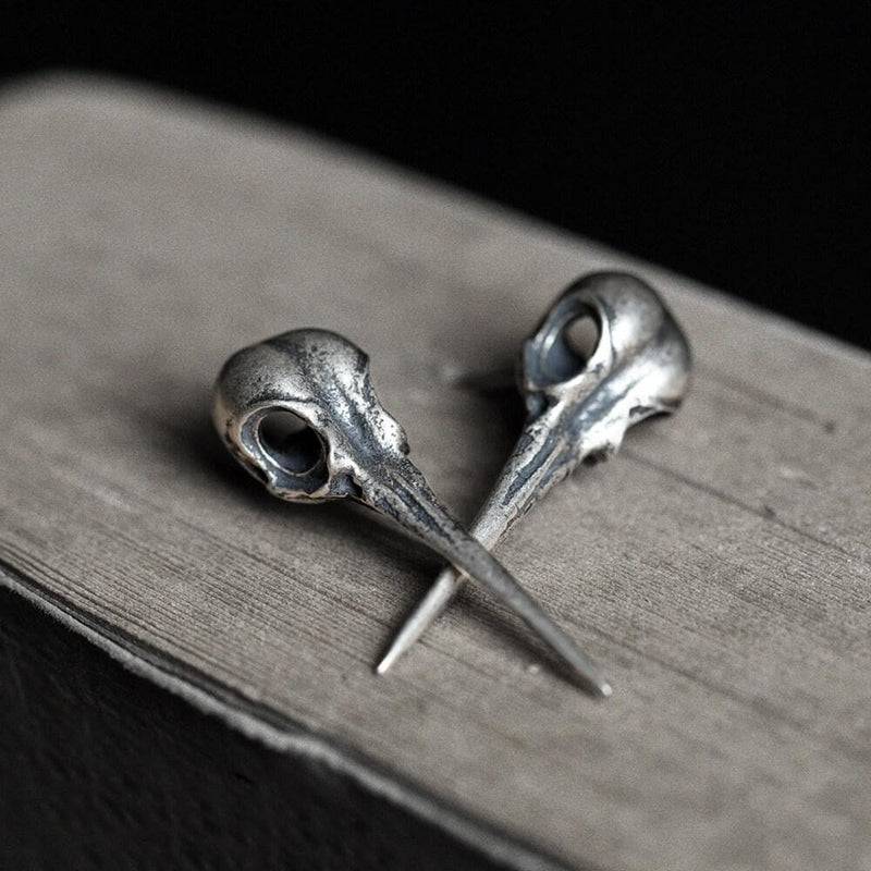 Hummingbird Skull Sterling Silver Stud Earrings 01 | Gthic.com