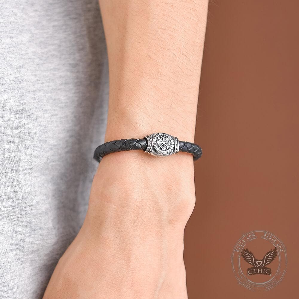 Icelandic Magic Symbol Stainless Steel Leather Bracelet02 | Gthic.com