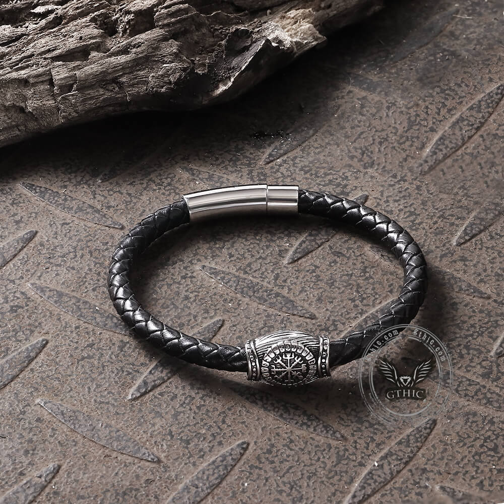Icelandic Magic Symbol Stainless Steel Leather Bracelet05 | Gthic.com