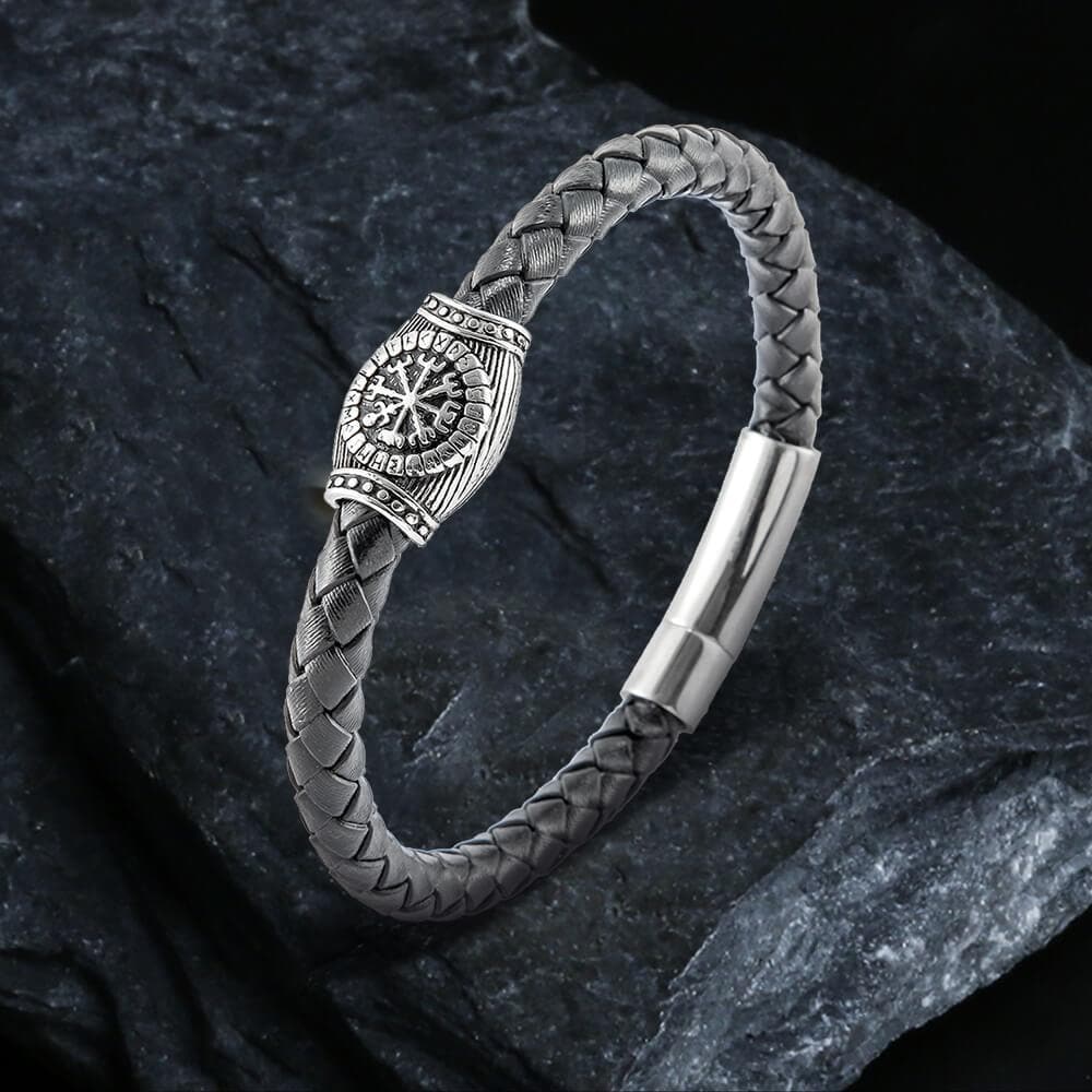 Icelandic Magic Symbol Stainless Steel Leather Bracelet01 | Gthic.com