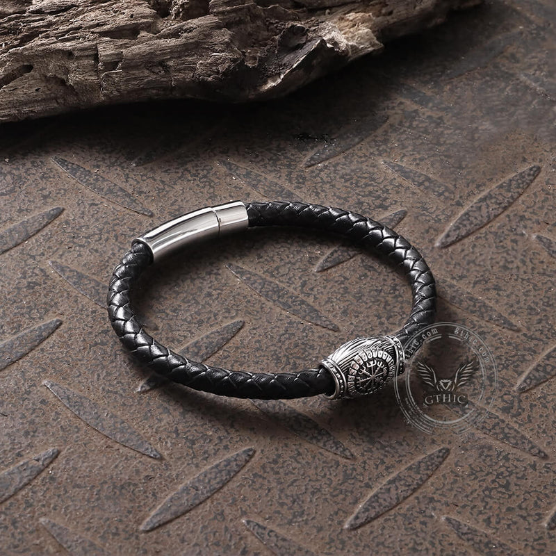 Icelandic Magic Symbol Stainless Steel Leather Bracelet04 | Gthic.com