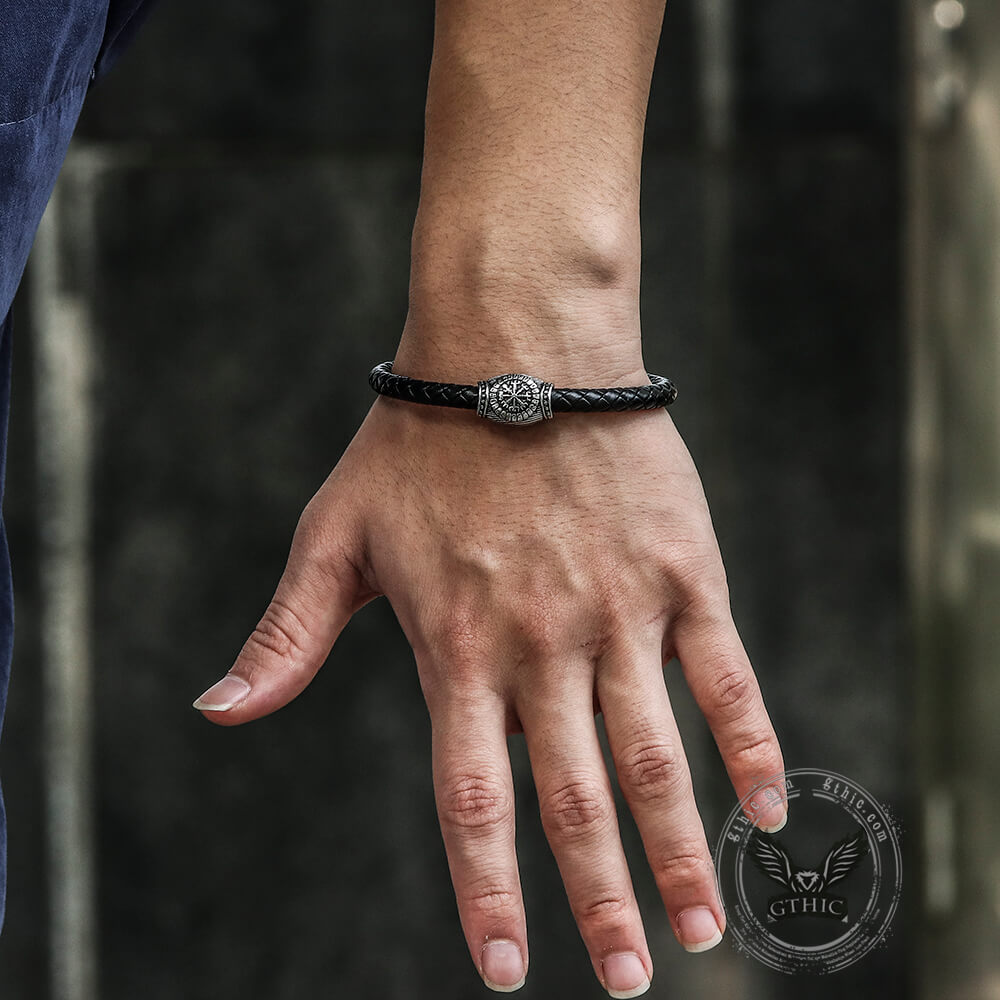 Icelandic Magic Symbol Stainless Steel Leather Bracelet03 | Gthic.com