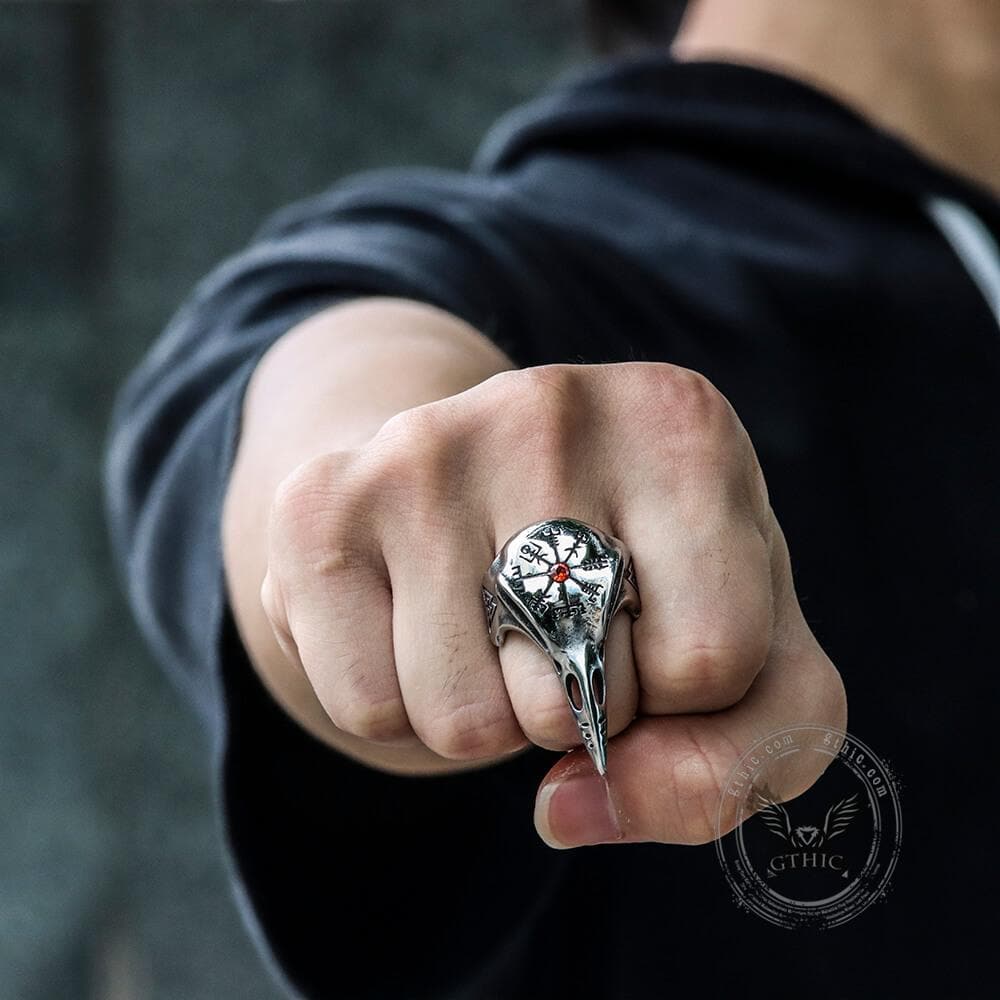 Icelandic Vegvisir raven stainless steel ring | Gthic.com