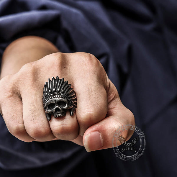 Indian Chief Stainless Steel Skull Ring02 | Gthic.com