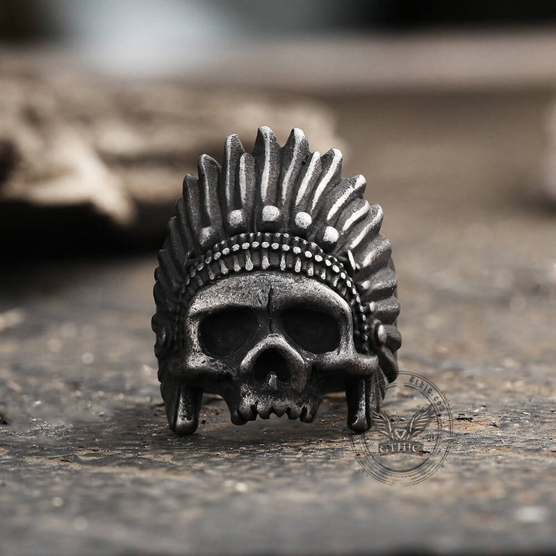 Indian Chief Stainless Steel Skull Ring03 | Gthic.com