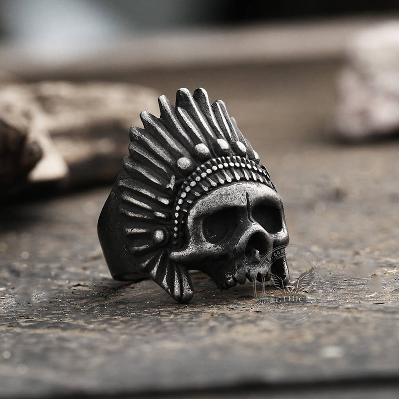 Indian Chief Stainless Steel Skull Ring05 | Gthic.com