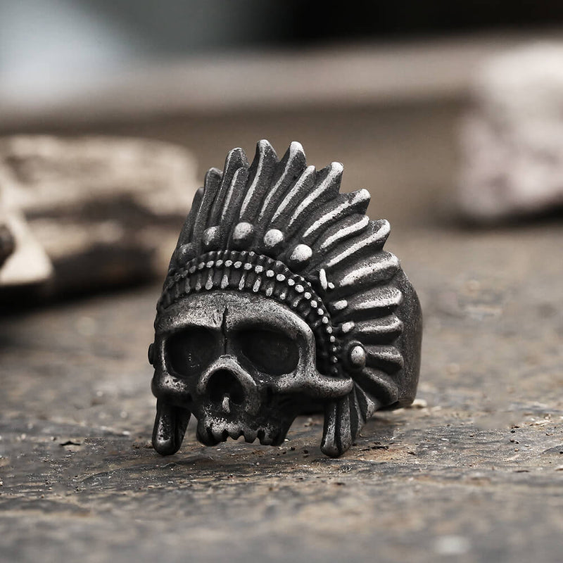 Indian Chief Stainless Steel Skull Ring01 | Gthic.com