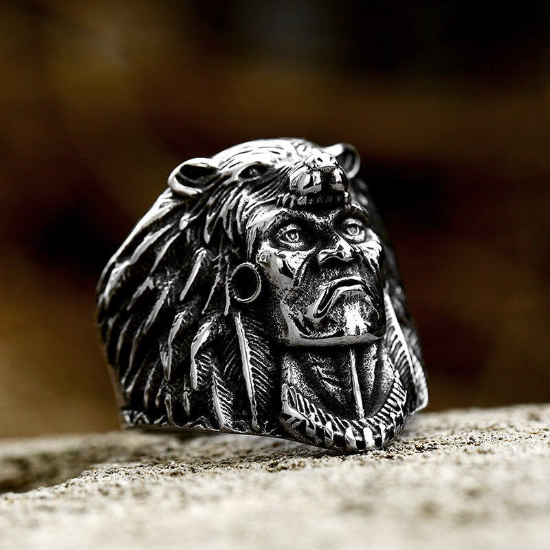 Indian Chief Stainless Steel Tribal Ring 01 | Gthic.com