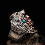 Indian Warrior Wolf Head Sterling Silver Ring | Gthic.com
