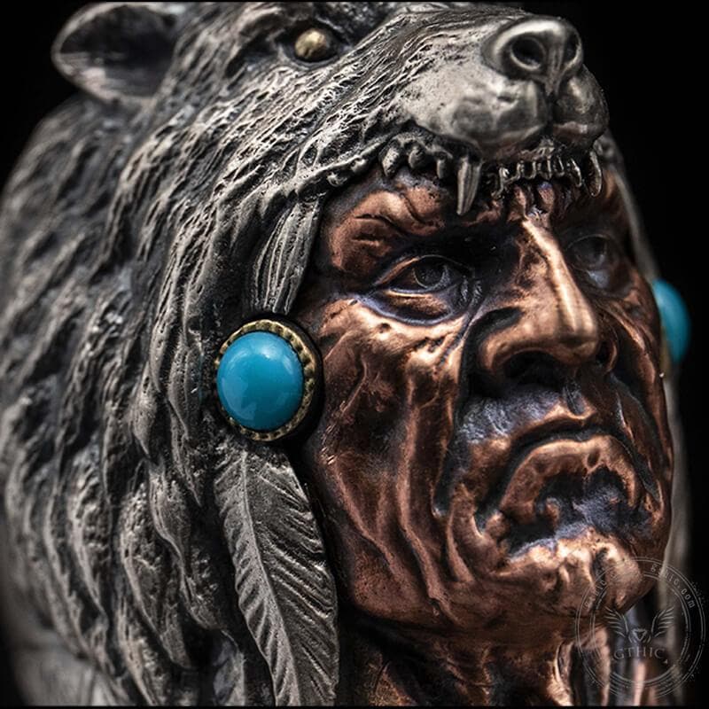 Indian Warrior Wolf Head Sterling Silver Ring | Gthic.com