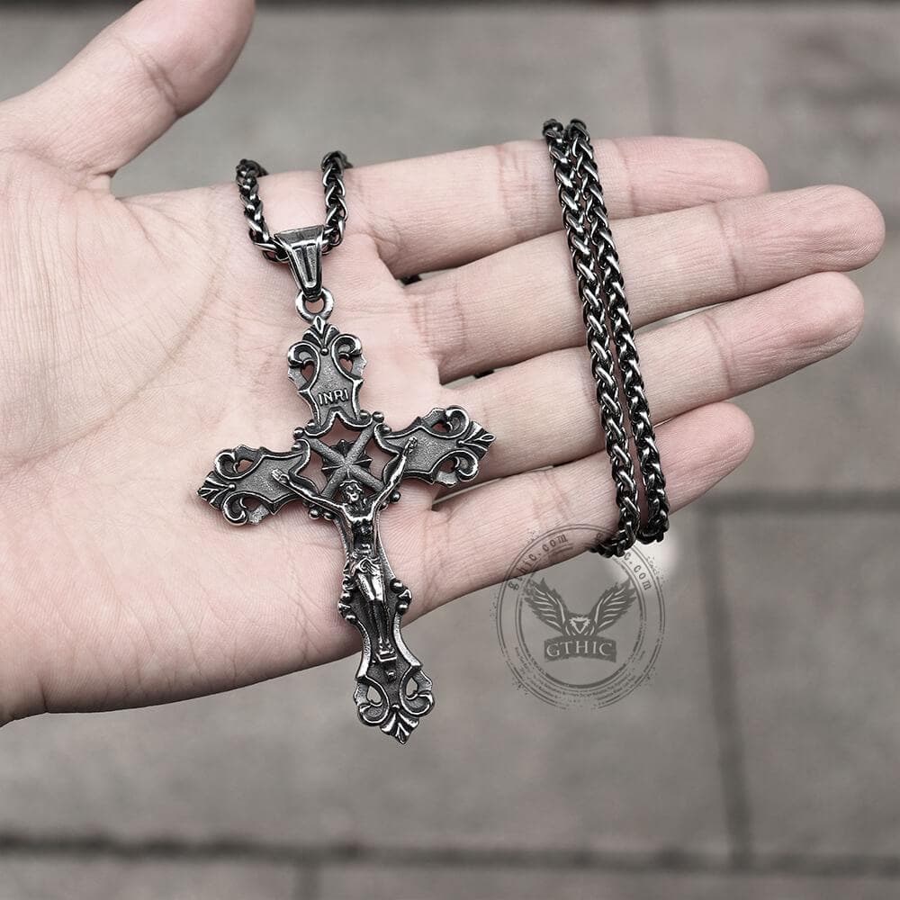 INRI Budded Cross Stainless Steel Pendant02 | Gthic.com