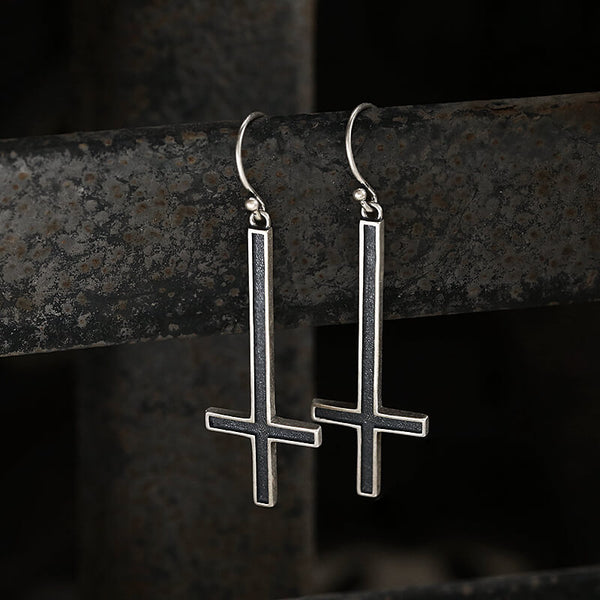 Inverted Cross Sterling Silver Earrings | Gthic.com
