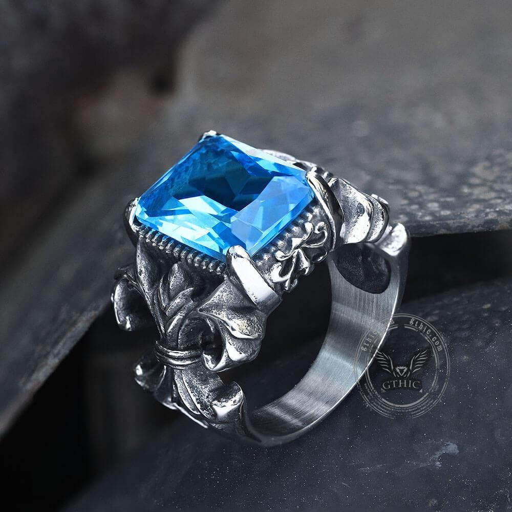 Iris Pattern Gem Stainless Steel CZ Ring 05 blue | Gthic.com