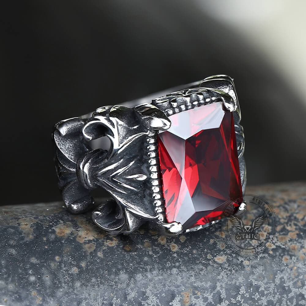 Iris Pattern Gem Stainless Steel CZ Ring 02 red | Gthic.com