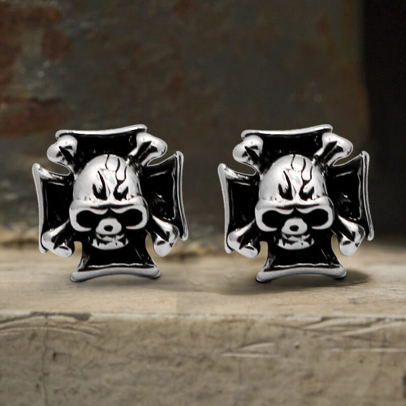 Iron Cross Stainless Steel Skull Stud Earring | Gthic.com