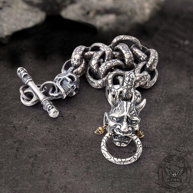 Japanese Demon Oni Skull Sterling Silver Bracelet03 | Gthic.com