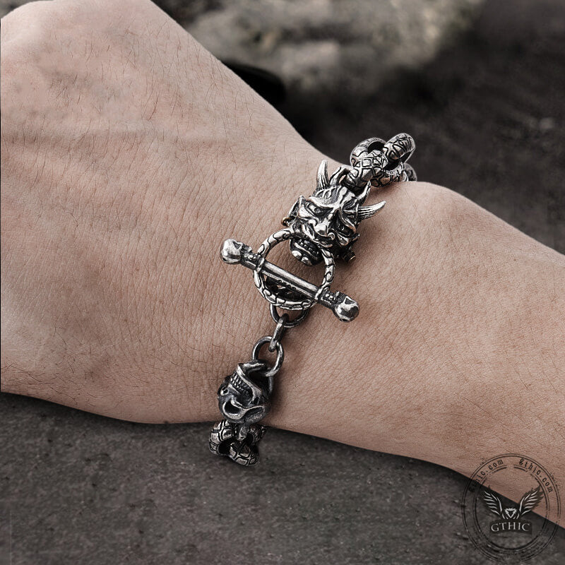 Japanese Demon Oni Skull Sterling Silver Bracelet02 | Gthic.com