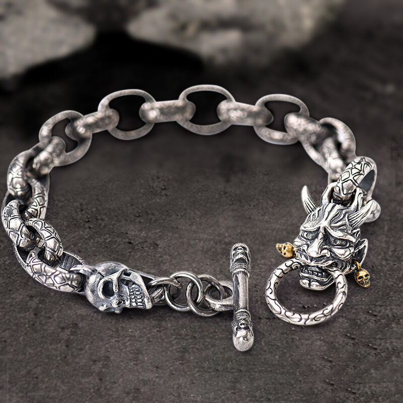 Japanese Demon Oni Skull Sterling Silver Bracelet01 | Gthic.com