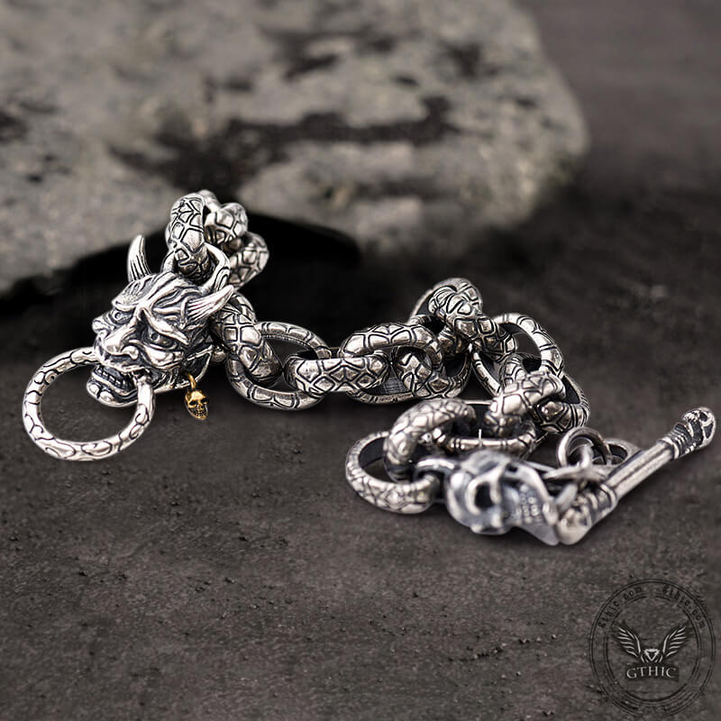 Japanese Demon Oni Skull Sterling Silver Bracelet