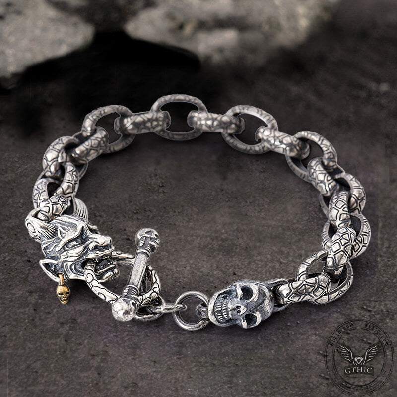 Japanese Demon Oni Skull Sterling Silver Bracelet