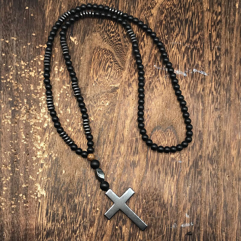 Latin Cross Stone Bead Biker Rosary Necklace