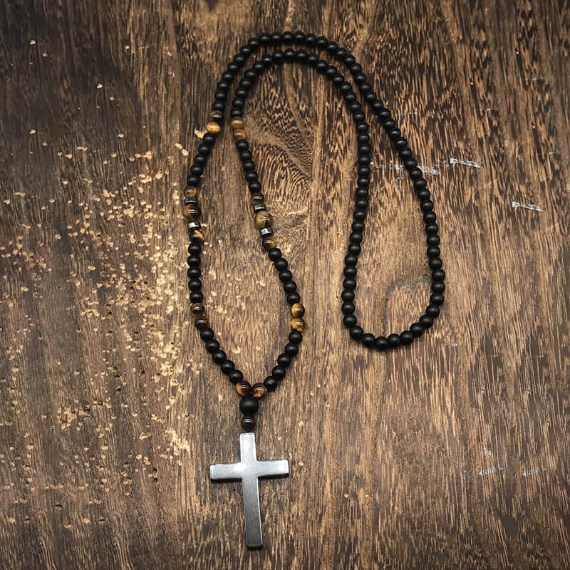 Latin Cross Stone Bead Biker Rosary Necklace