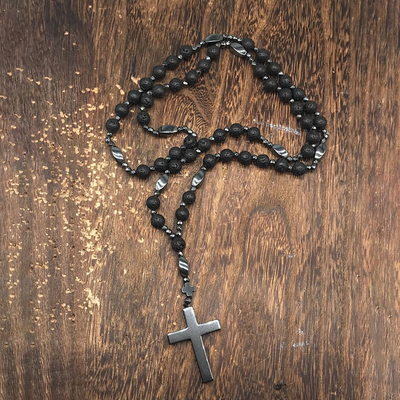 Latin Cross Stone Bead Biker Rosary Necklace