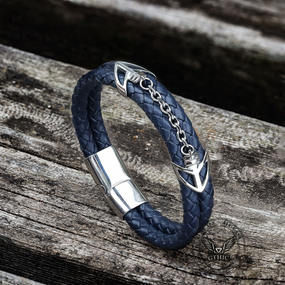 Double-Layer Braided Stainless Steel Leather Bracelet | Gthic.com