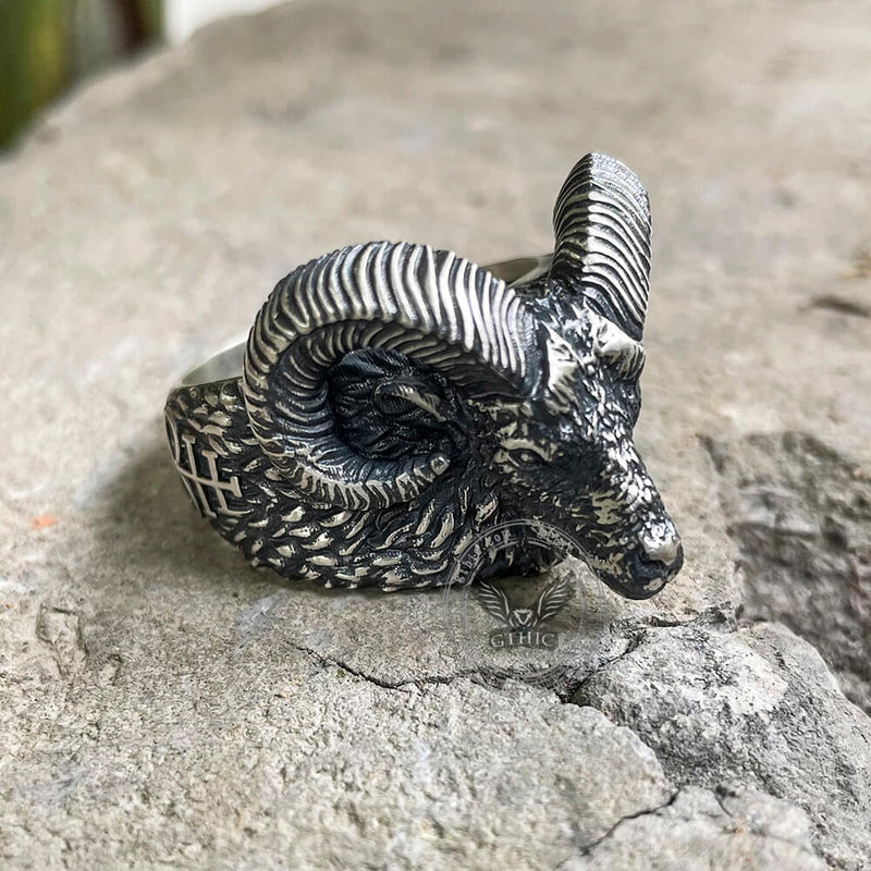 Leviathan Cross Goat Sterling Silver Ring | Gthic.com