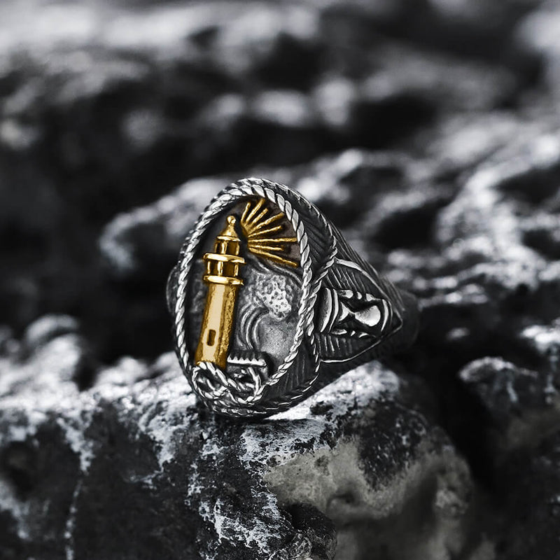 HIJONES Men's Stainless Steel Lighthouse Signet Ring - Nautical Vintage Statement Wedding Band