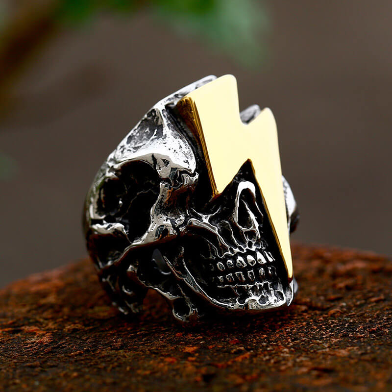 Bague Biker Acier Inoxydable Tête de Mort Eclair