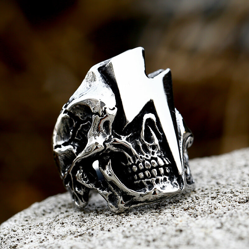 Lightning Skull Stainless Steel Biker Ring 01 | Gthic.com