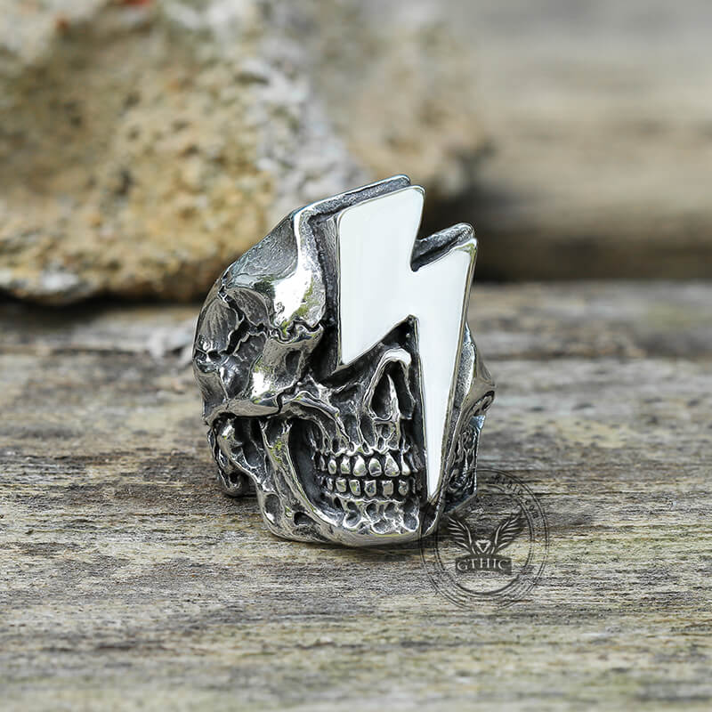 Lightning Skull Stainless Steel Biker Ring 01 | Gthic.com