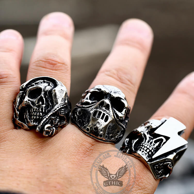 Lightning Skull Stainless Steel Biker Ring 02 | Gthic.com