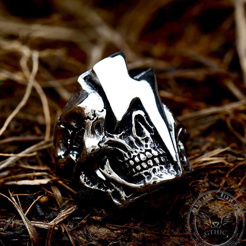 Lightning Skull Stainless Steel Biker Ring 03 | Gthic.com