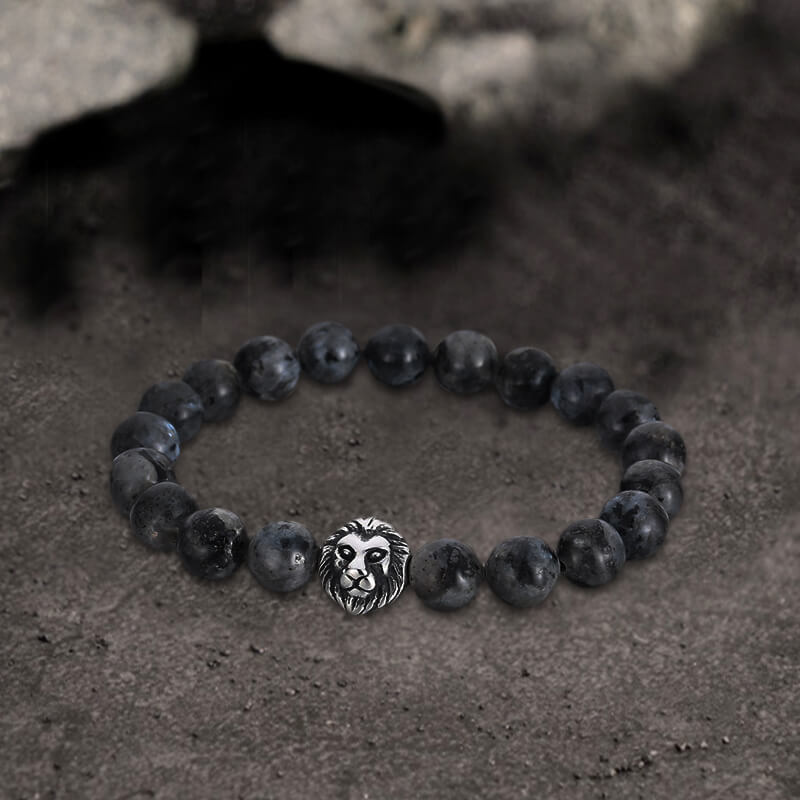 Lion Head Agate Stone Stainless Steel Bead Bracelet | Gthic.com
